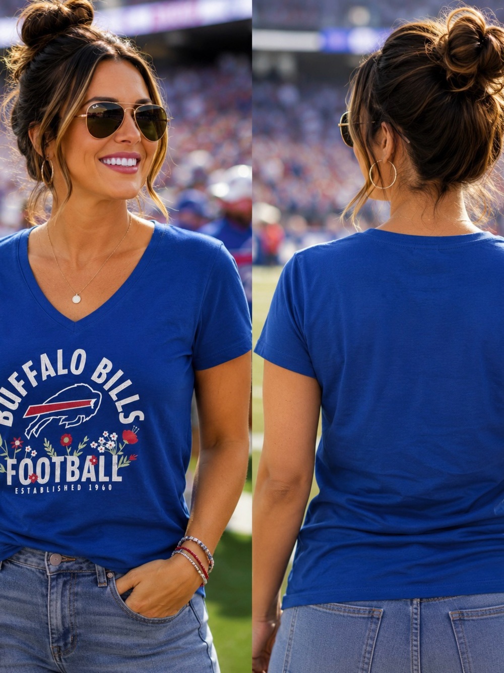 🆕 Fanatics Buffalo Bills Floral Football V-Neck T-Shirt Women’s Large